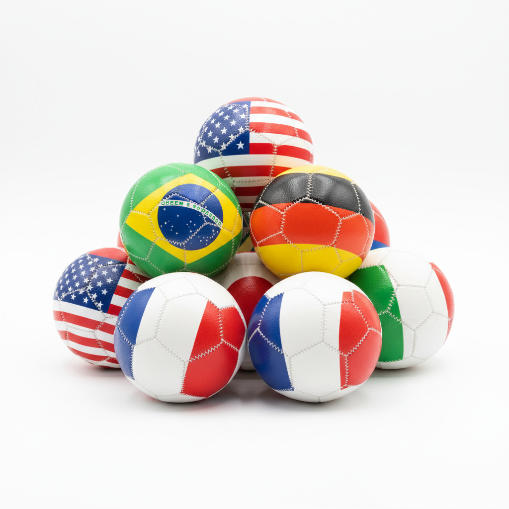 Mini soccer balls with colorful country flags arranged on white background